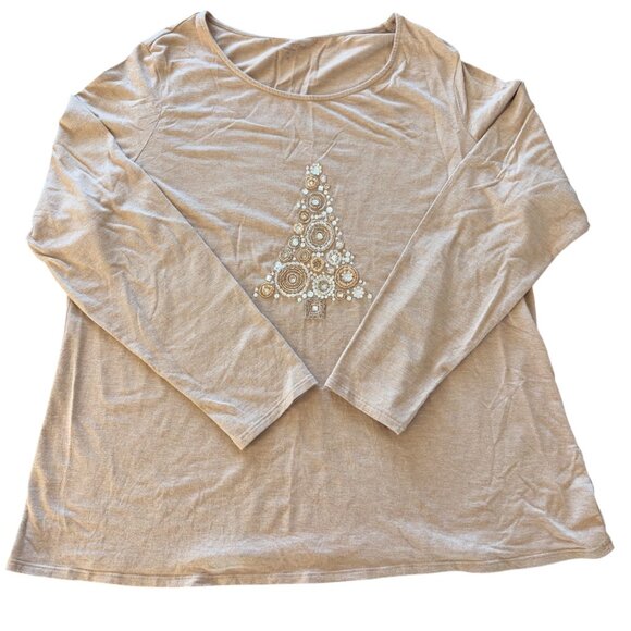 Coldwater Creek Christmas Tee With Rhinestones & Beaded Christmas Tree Design - Picture 1 of 4